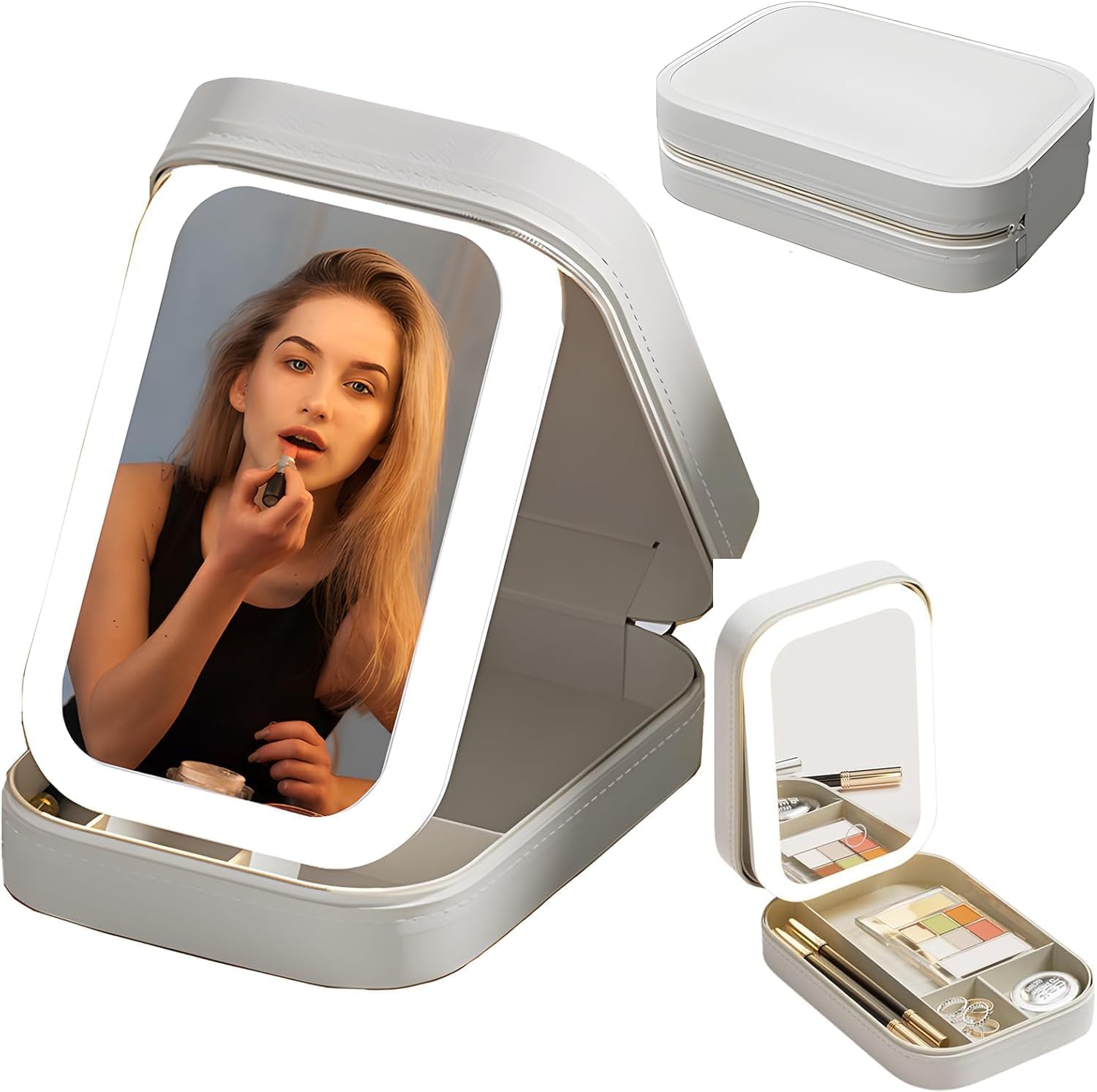 LED Lighted Makeup Mirror Jewelry Box 2-in-1 Travel Organizer with Adjustable Touch Lighting, Rechargeable Battery, Cosmetic Storage Compartments | Portable Vanity Mirror for Women-image-15