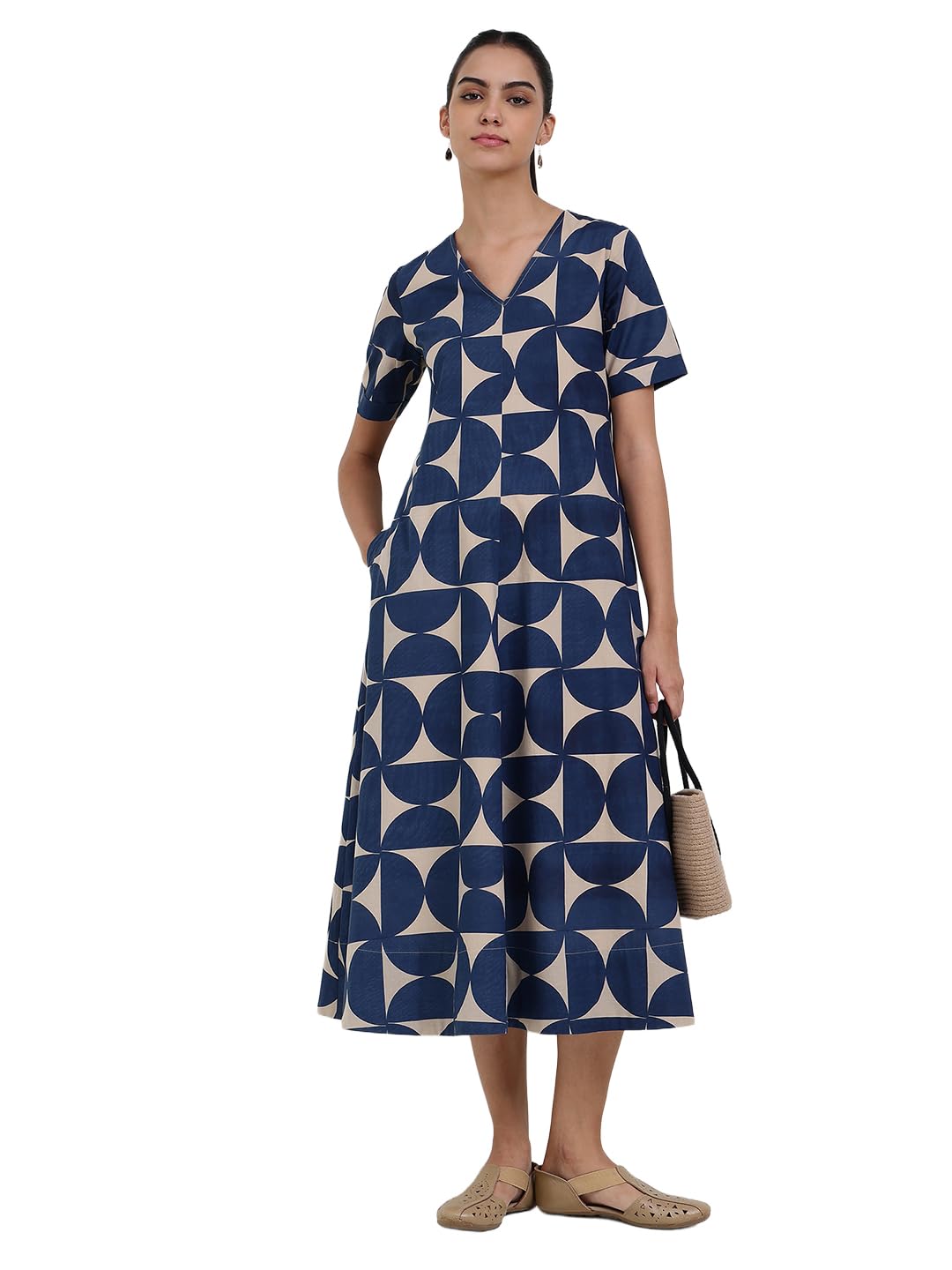 Women Casual Dress | Geometric Print A-Line Fit V-Neck Short Sleeves | Breathable Cotton Fabric with Pockets Vacation Outings-image-48