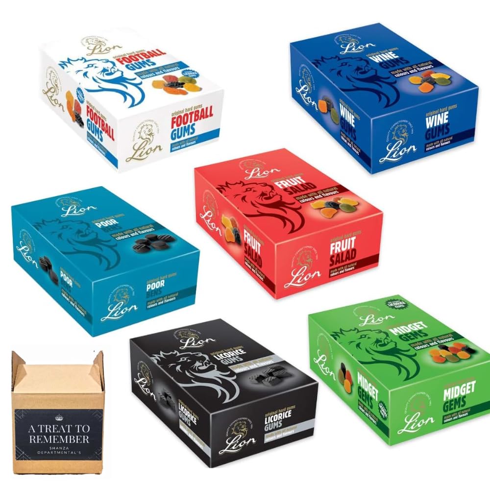 Pick any 1 Lion 2 kg Boxes, You Choose the One You Want, Football Gums, Licorice Gums, Lion Midget Gems, Wine Gums, Fruit Salad And Poor Bens