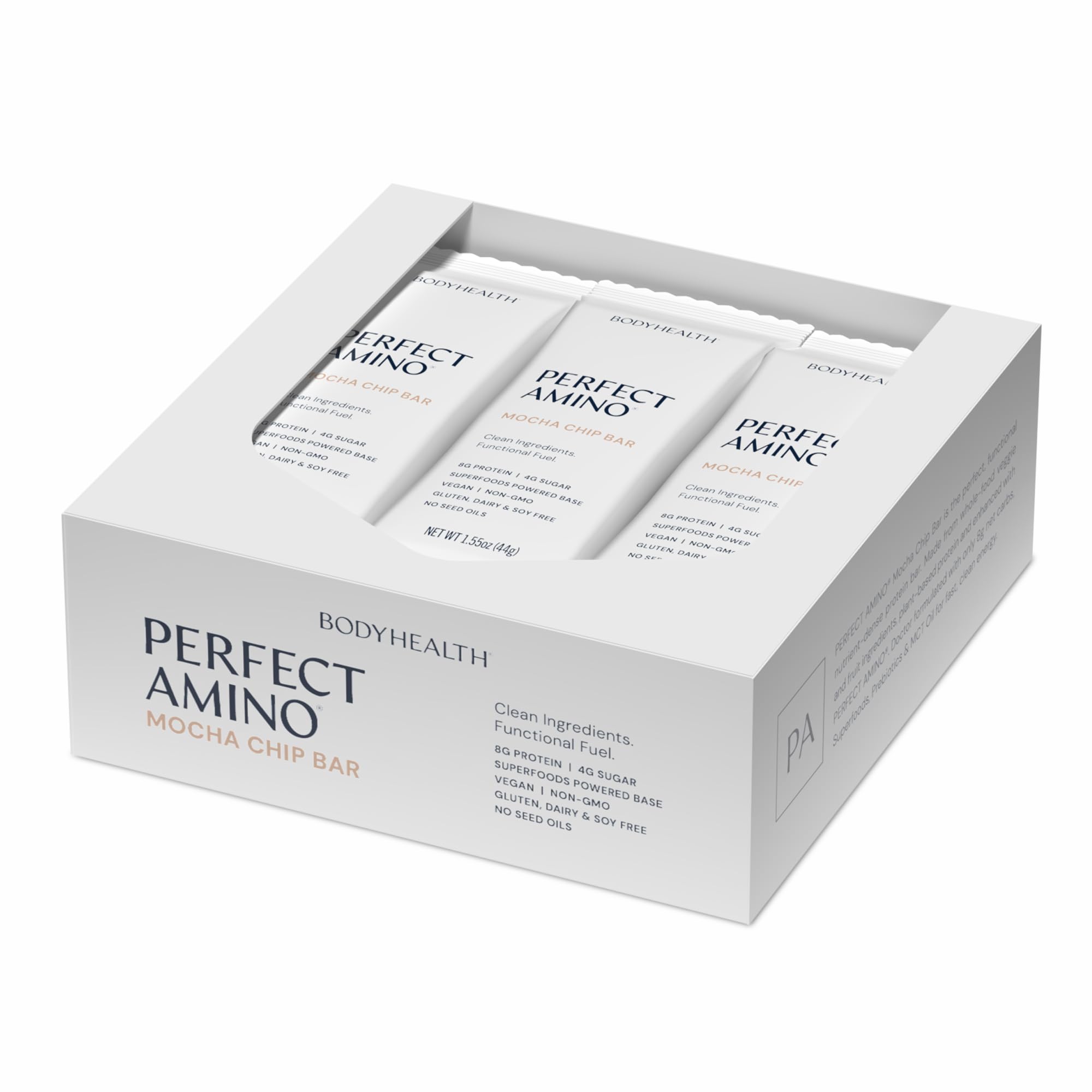 - PerfectAmino Bar – Protein Energy Snack with 10g Protein, Plant-Based MCTs, Superfood Blend, Non-GMO, Gluten, Dairy & Soy Free (Mocha, 12 Pack)