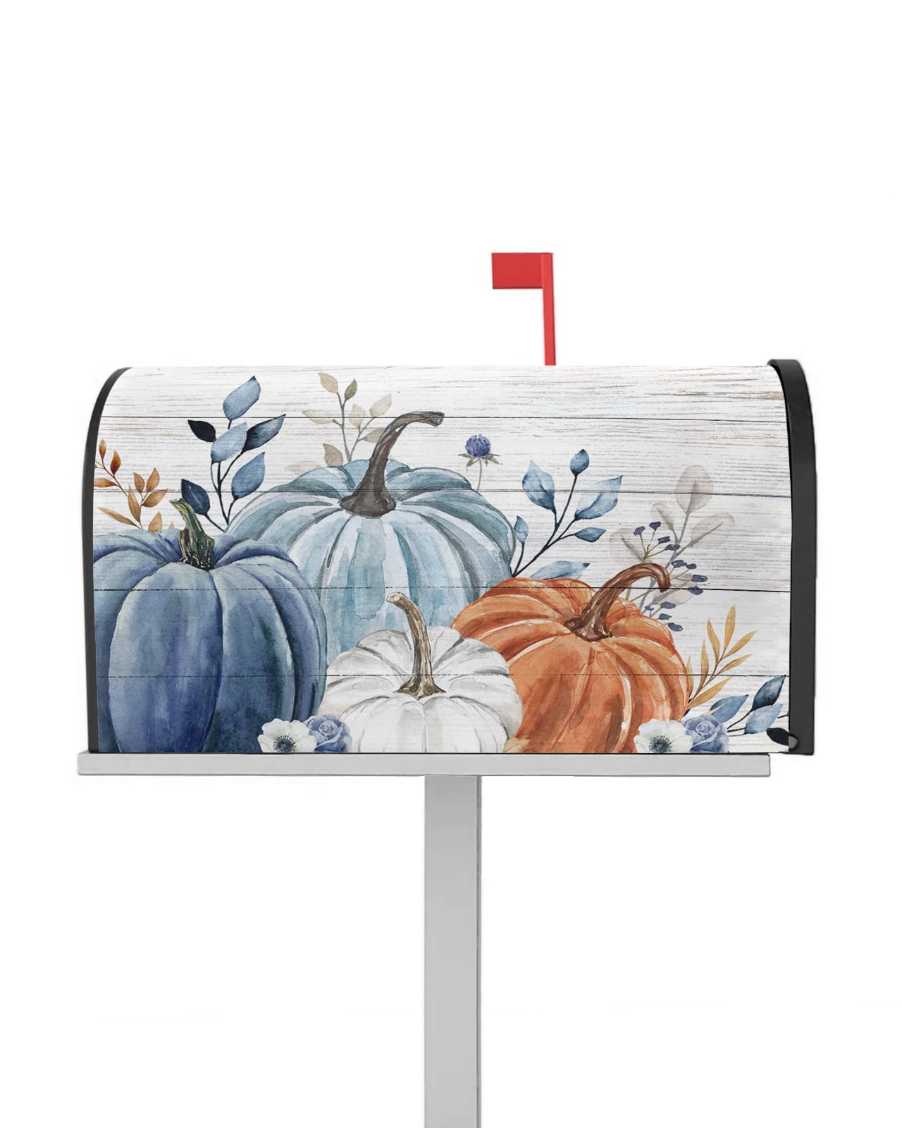 Thanksgiving Mailbox Covers Magnetic Mailbox Wraps, Fall Blue Pumpkin Leaves Grey Wood Grain Post Letter Box Cover for Garden Yard Outdoor Decor Standard Size 18x21 Inch