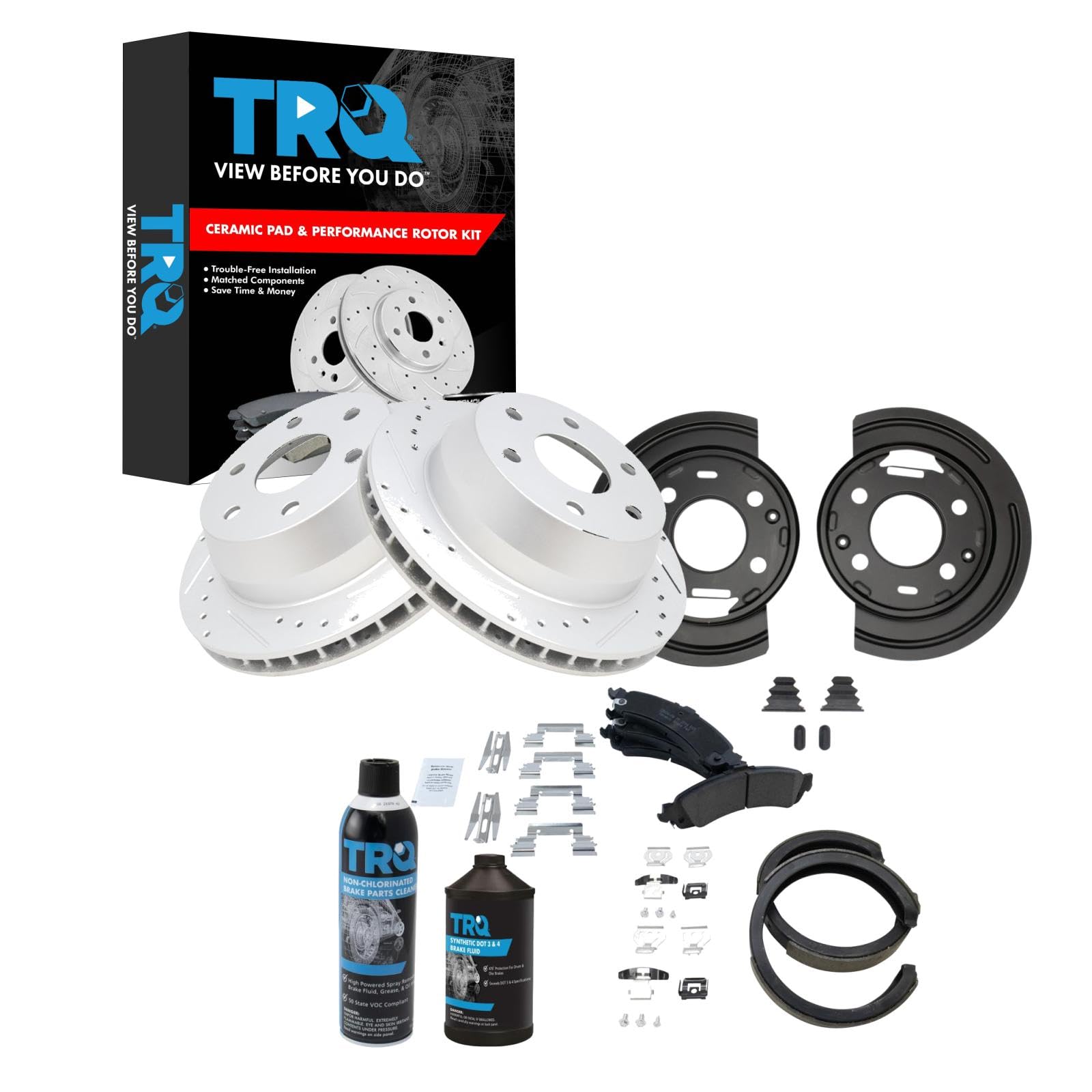 TRQ Performance Rear Brake Pad &amp; Rotor Kit Premium G-Coated Ceramic Slotted X Drilled Compatible with 02-03 Cadillac 02-06 Chevrolet GMC