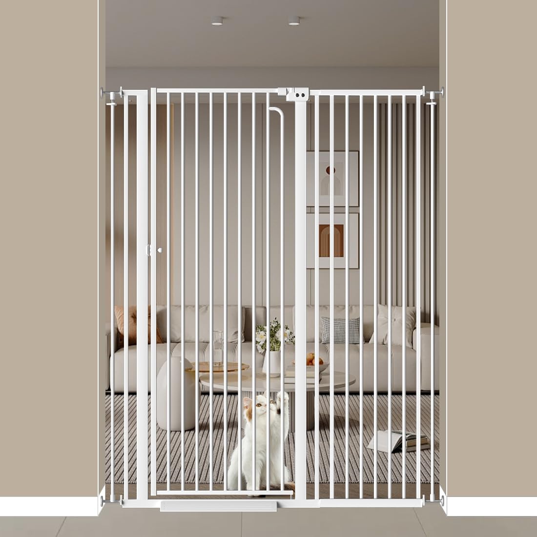 57" Extra Tall Cat Gate, 43.3"-48.0" Wide Pet Gate for Doorway, Pressure Mounted Tall Baby Gate with Door, Walk Through Dog Gate Indoor Stairs, Auto Close Cat Safety Gates, White