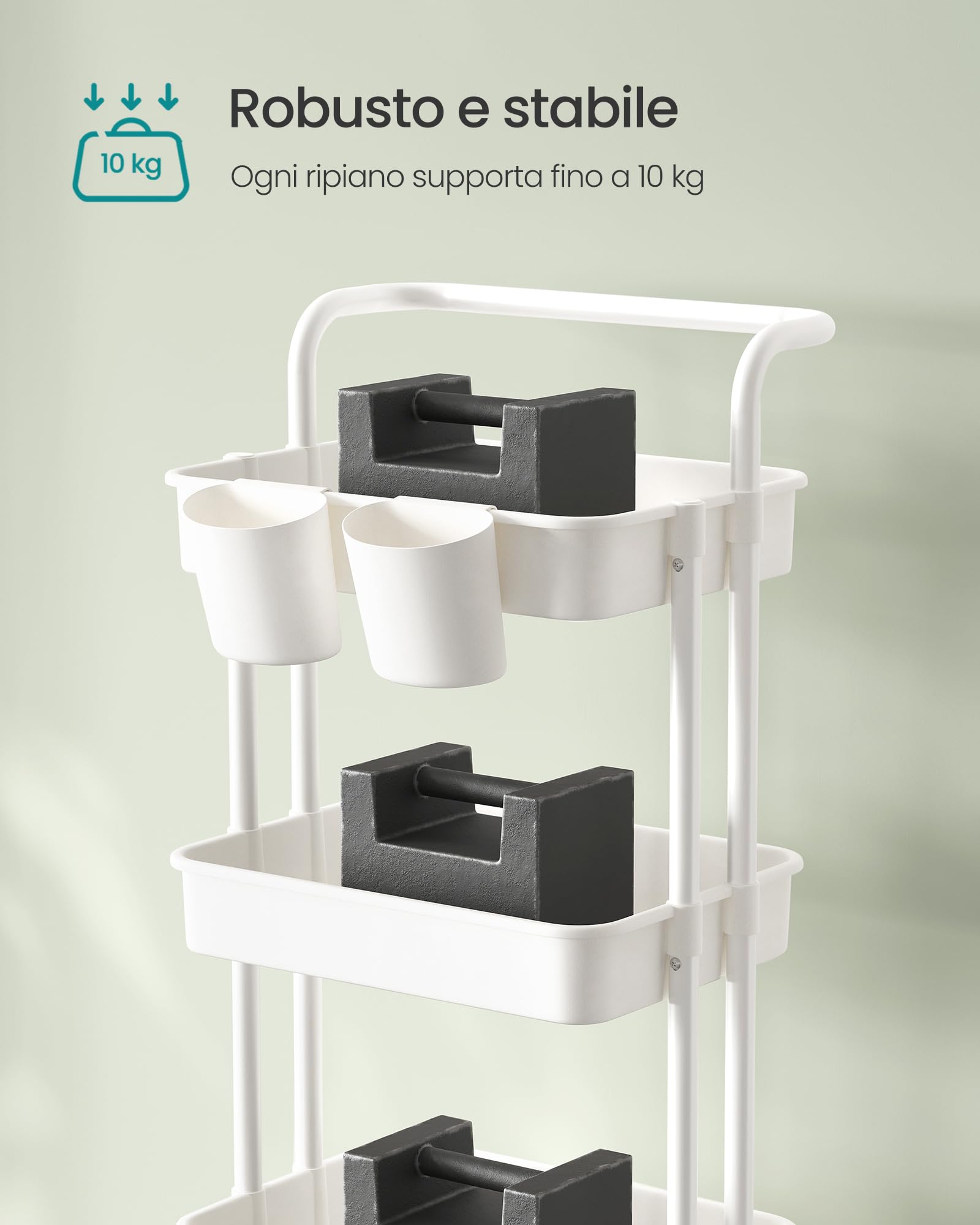 SONGMICS Carrello Scorrevole, Trolley a 4 Livelli, Carrello di Servizio con Manico e 2 Piccoli Organizzatori, Struttura in Acciaio, per Bagno Lavanderia, Bianco BSC077WZ01