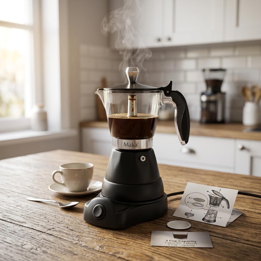 MAKA Moka Elettrica 1-3 Tazze Caffettiera con 1 Filtro per 1 Tazzina Pronto in 4 Minuti Mantiene il Caffè Caldo per 30 Minuti 400W Autospegnimento Alluminio Nero Grigio Argento Antischizzi (Nero)
