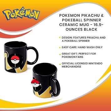 Official Pokemon Mug - 16.9-Ounce Black Ceramic Cup for Hot Coffee, Tea, Cocoa - Novelty Drinkware w/ Pokeball Spinner - Features Pikachu - Perfect for Home, Office, Parties - Licensed Merchandise