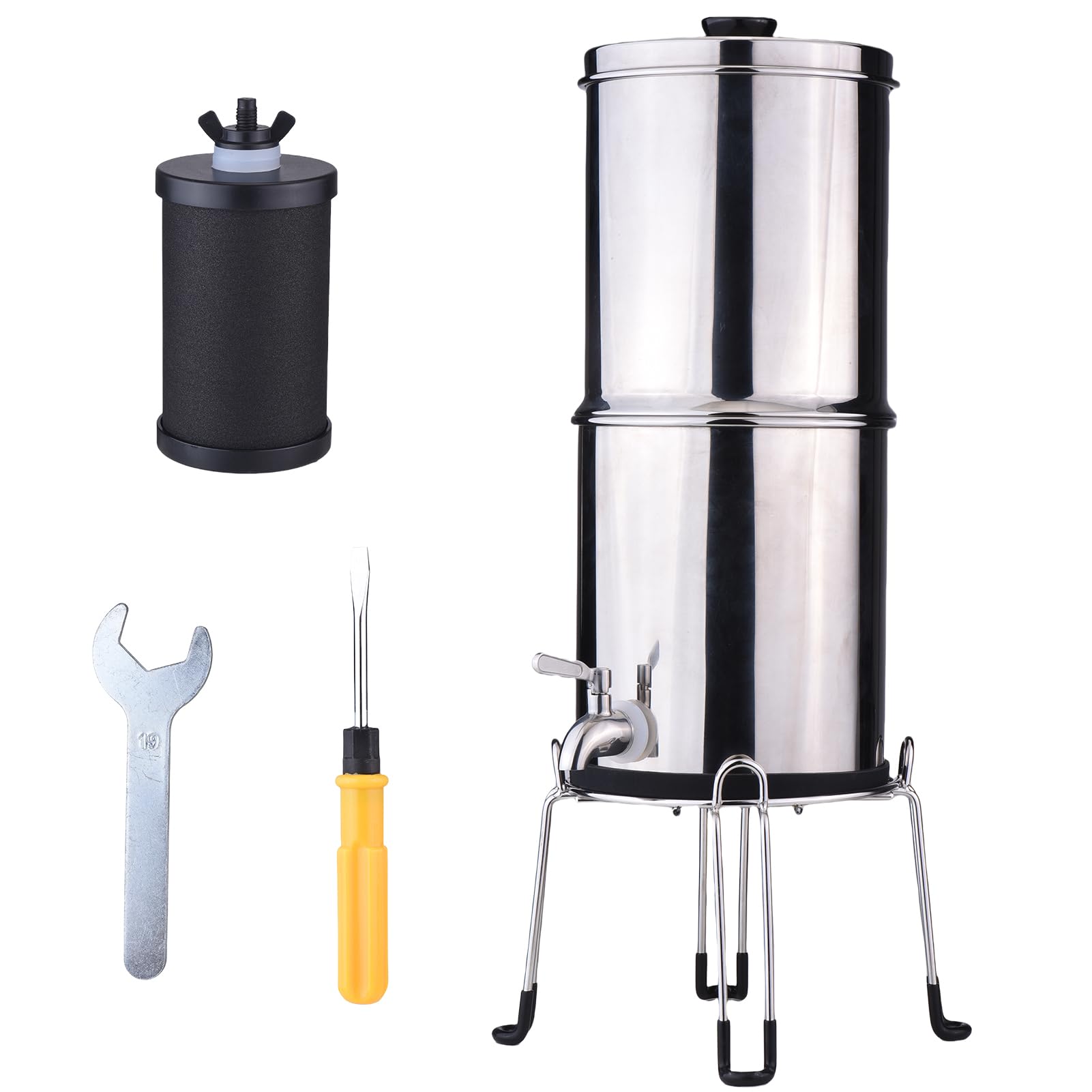 AMONIDA de Filtro de Agua de 1 Galón, Purificador de Encimera Portátil de Acero Inoxidable para Acampar, Senderismo, Aventuras Al Aire (K8779A Con soporte)