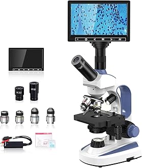 Upgrade Lab Compound Monocular Microscope with 40X-2500X, Dual-View Microscope for Adults, Wide-Field 10X and 25X Eyepieces, Dual Illumination, Built-in 5MP Camera with 7’’ LCD Screen, Abbe Condenser