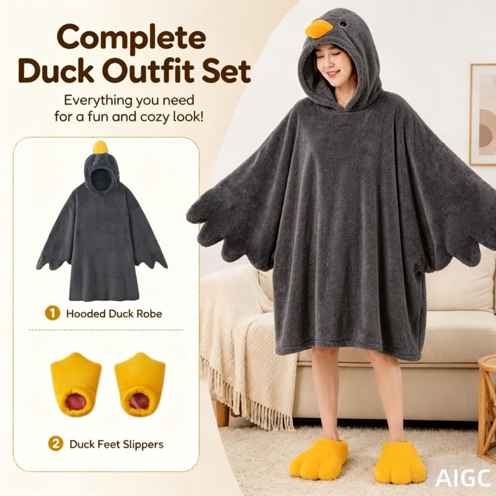 Pijama de pato, divertido disfraz de ganso con capucha para adultos, mameluco suave de animales con mangas y pantuflas de pies
