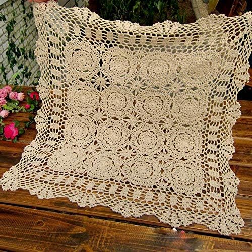 Hetao 100% Cotton Handmade Crochet Square Tablecloth Doilies Lace Table Covers ,Beige, 27 Inch