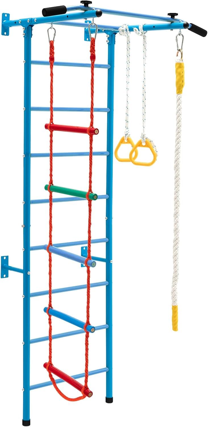 GOPLUS Juego de Escalada Infantil 5 en 1 con Anillas Gimnásticas, Trampolín Sueco y Cuerda, Centro de Actividades Multifuncional de Acero para Niños de 3+ Años, Capacidad de Carga 100KG