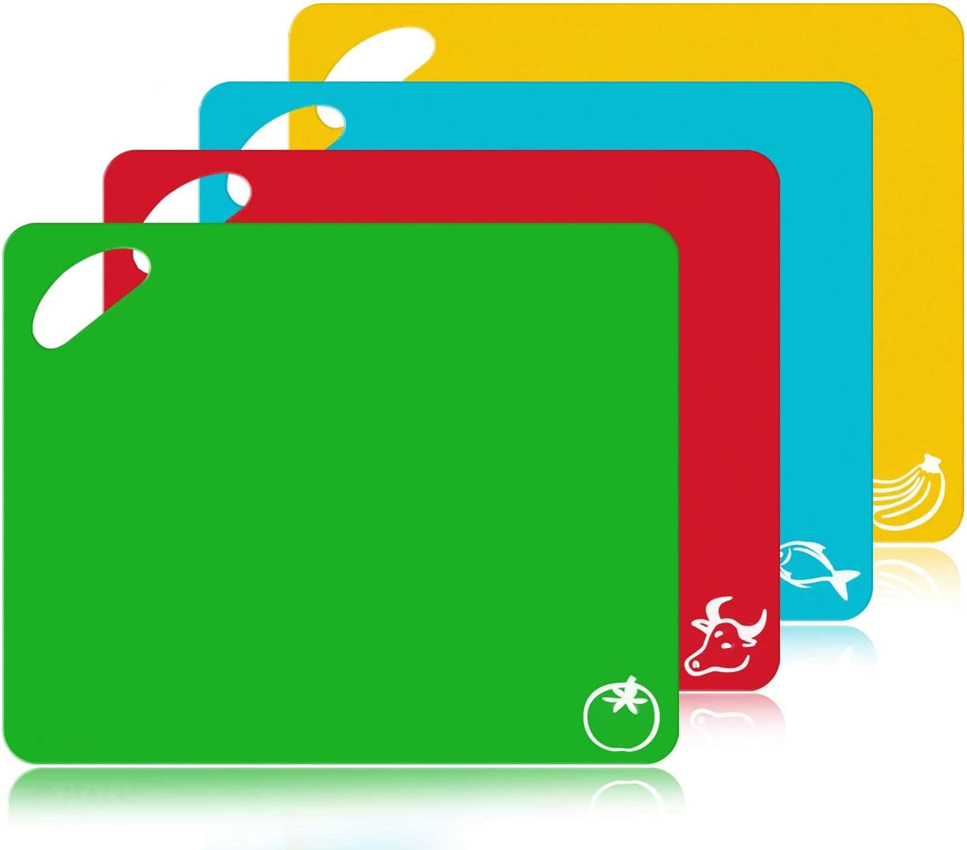 Plastic Cutting Board - 4 Pcs Extra Thick Flexible Plastic Chopping Board Mats with Food Icons, 1.3 MM Non Slip Antimicrobial Easy Hanging Boards, Dishwasher Safety