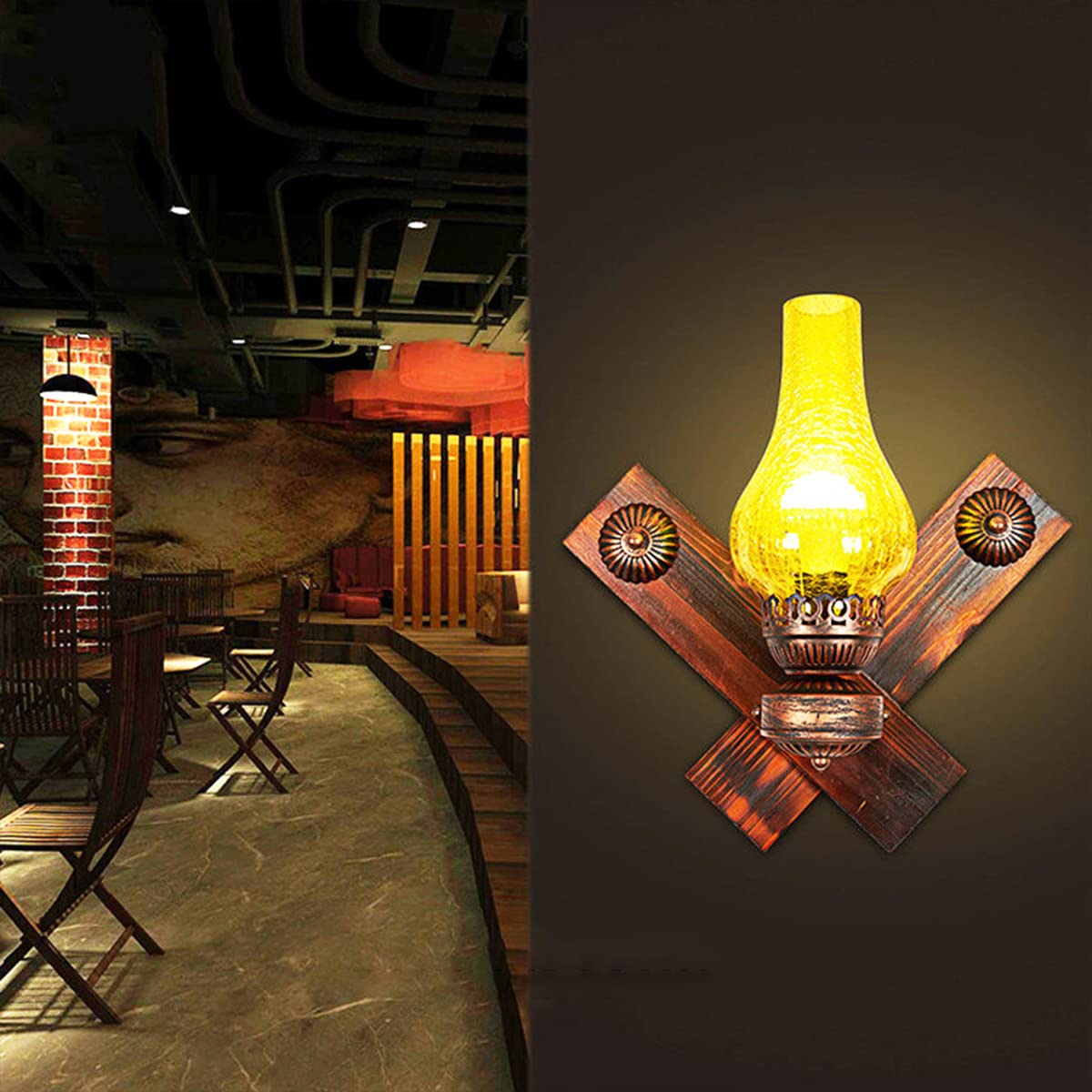 WXKAGF Lampada da Parete Rustica in Vetro ambrato Lampada da Parete in Legno Vintage Lampada da Parete per Interni Lampada a Cherosene Ruggine Rossa E27 Edison Lampada da Parete Ristorante per la