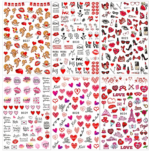 Valentine's Day Nail Stickers, Heart Nail Decals 3D Self-Adhesive Heart Kiss Rose Cupid Angel Baby Romantic Designs Diy Nail Art Decoration For Women Girls (6Sheets) #TOP6