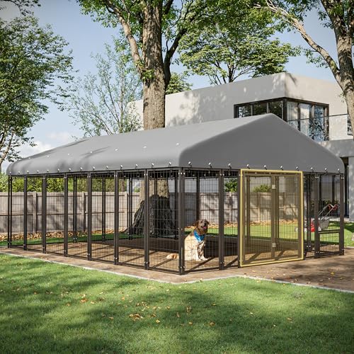 Muphyers 10X14FT Dog Kennel Outside Double Door Dog Kennel Outdoor with Feeding, Heavy Duty Outdoor Dog Crate Durable Dog Cage with Roof & Double Lock