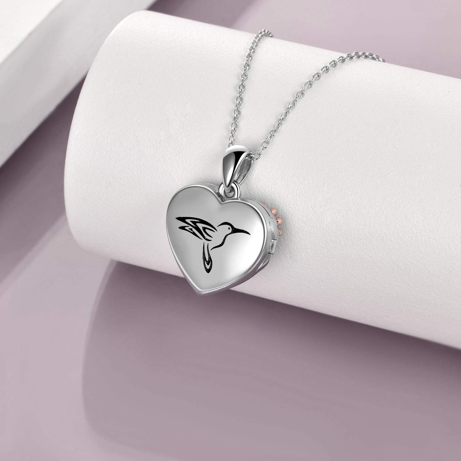 JERWLI Medaglione a forma di cuore in argento 925 girasole colibrì foto medaglione collana gioielli regalo per donne ragazze, Argento sterling