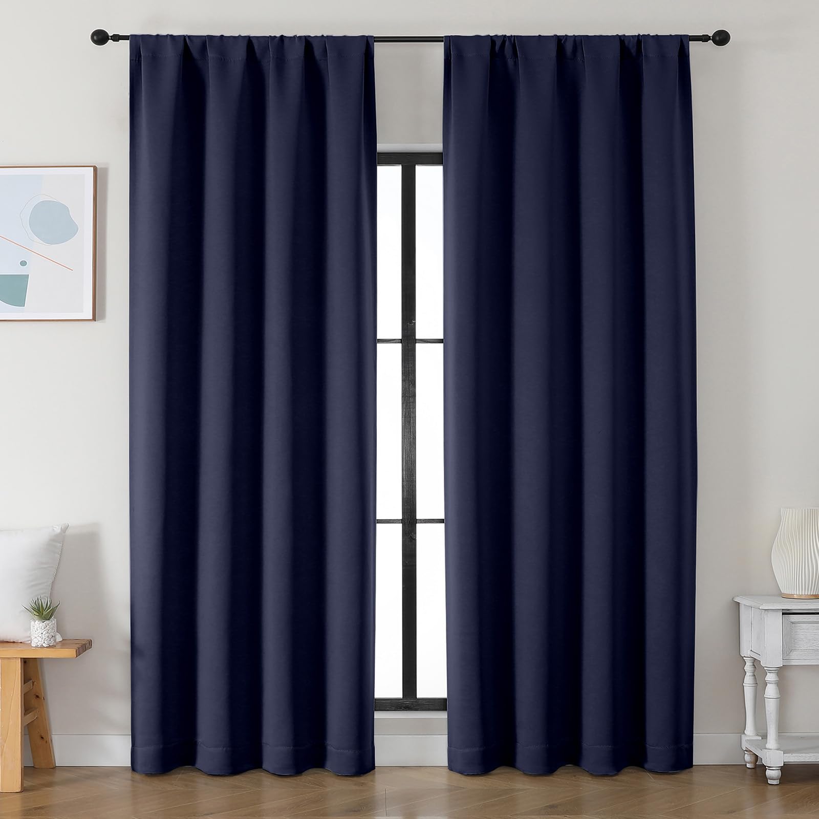 Simplebrand Ava Navy Blue Blackout Curtains for Bedroom 90 Inches Long 2 Panels Set, Solid Privacy Energy Saving Living Room Window Treatment Curtains