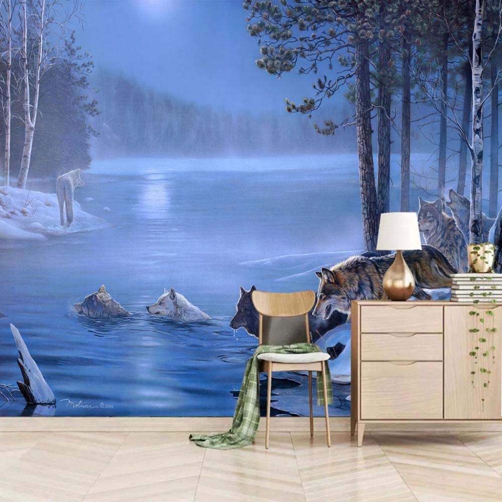 Papel Pintado Mural 3D Animal Lobo Cruzando El Rio Papel Pintado Mural 3D Papel Pintado De Pared Carteles De Pared Pegatina De Pared Borde Autoadhesivo Ladrillo Baño Dormitorio Pared Extraíble Foto 2
