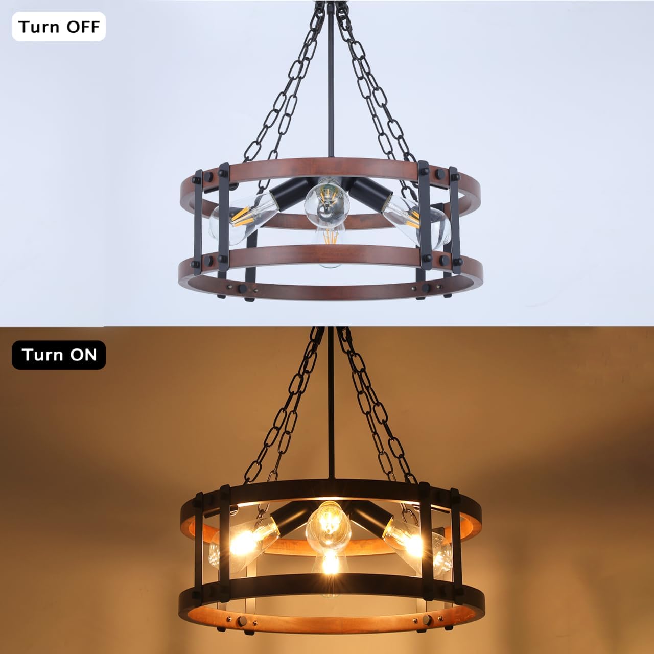 Rustic Farmhouse Wood Chandelier, 4-Light Industrial Drum Chandelier for Dining Room Vintage Pendant Hanging Light Fixture with Black Metal Accent for Kitchen Living Room Dining Room