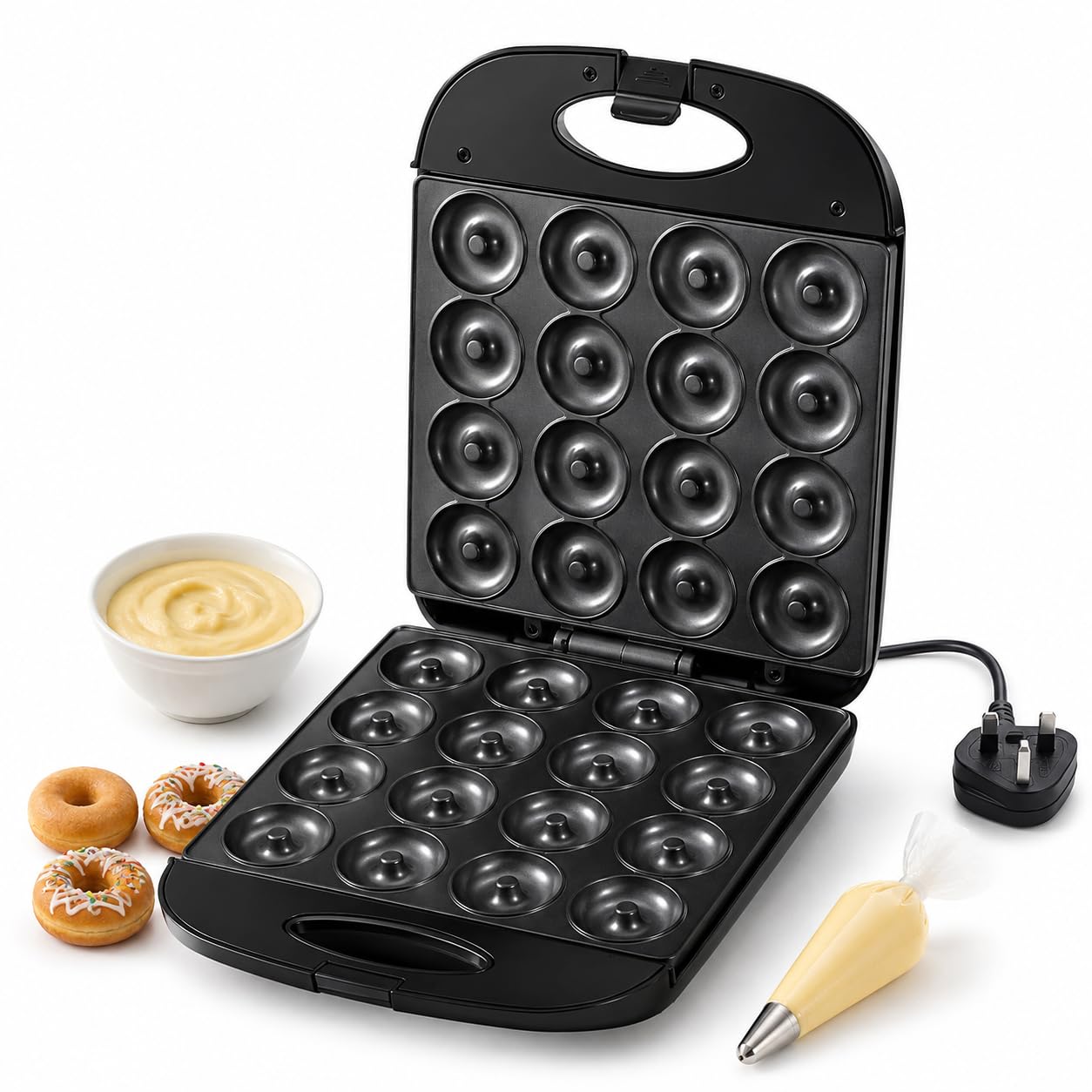 Mini máquina para hacer donuts, 16 orificios, 1400 W, calefacción de doble