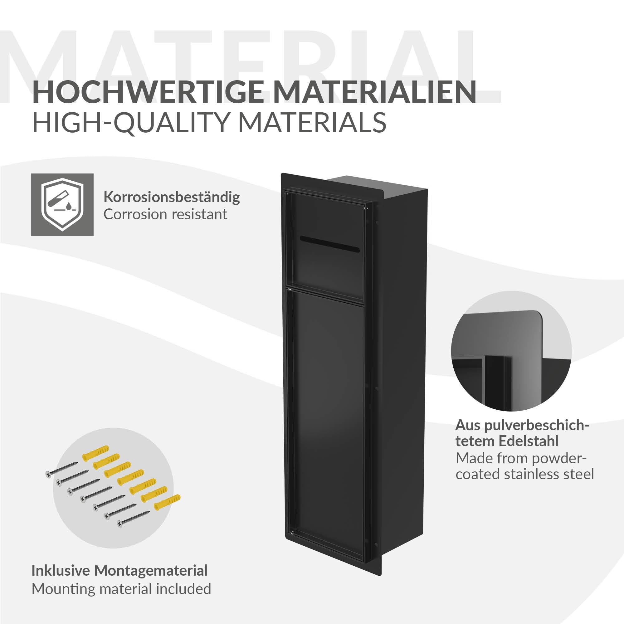 LuxeBath Unterputz-Schrankmodul aus Edelstahl für die Klobürstengarnitur, Schwarz, 60x20x14 cm, Badezimmerschrank mit Toilettenpapierhalter, Einbauschrank für Toilettenbürste, WC Wandnische befliesbar