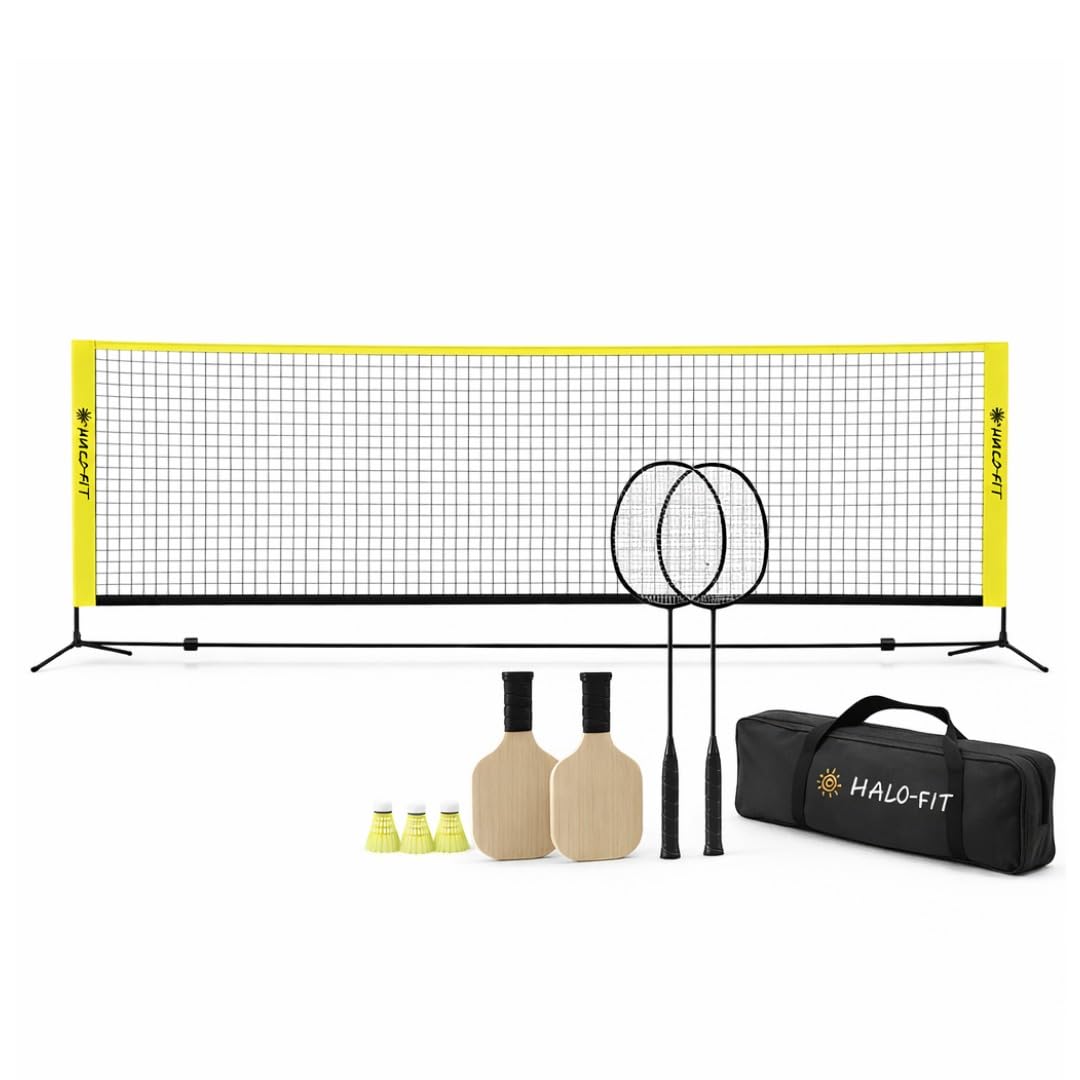 HALOFIT Pickleball & Badminton Set – 2-in-1 Netz mit Schlägern & Bällen – Tragbares Netzsystem für Garten, Indoor & Outdoor – 5 m Netz, 4 Schläger, 2 Pickleball-Bälle, 3 Federbälle & Tragetasche