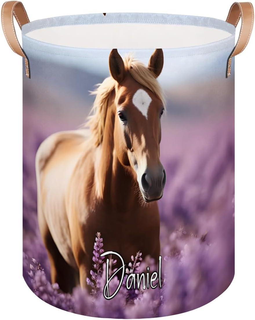 Personalized-Kids-Laundry-Basket Custom-Name Cute Horse Round-Storage-Basket with Handles Laundry-Hamper for Bedroom Laundry Bathroom