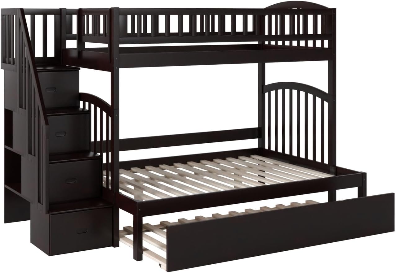 HomeStock Baroque Bliss Staircase Bunk Bed with Turbo Charger Space-Saving Design, Built-in Storage, Sturdy Frame Espresso/Twin Over Full