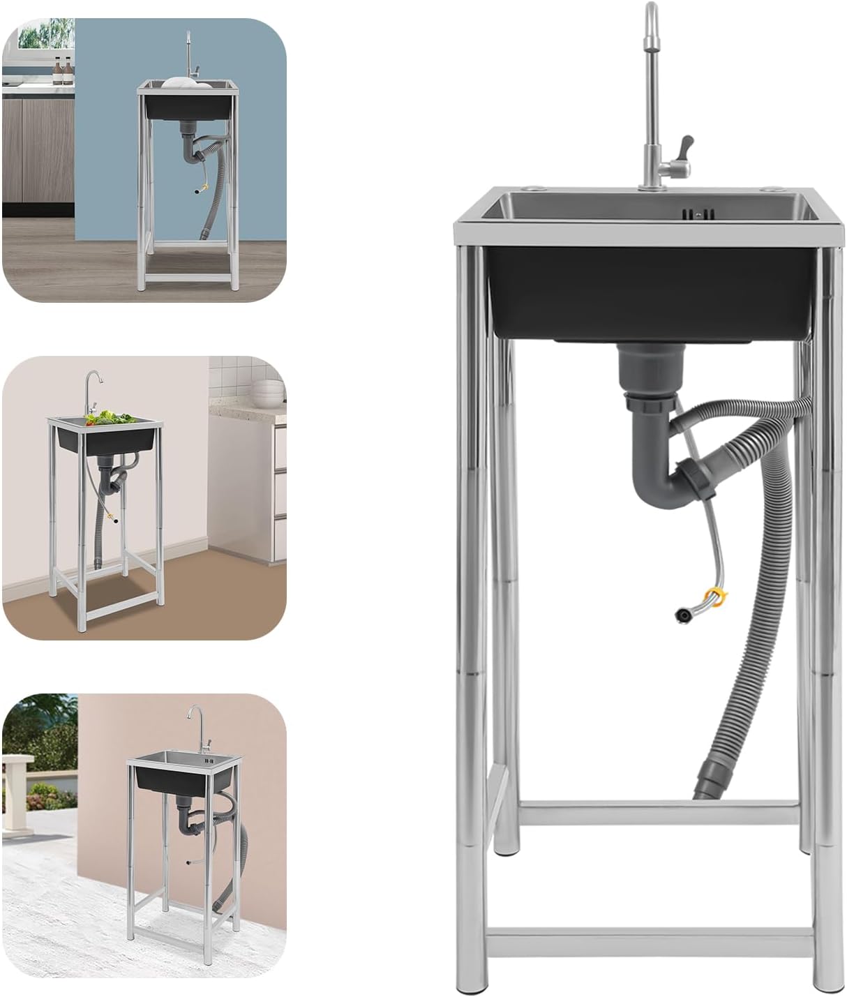 Free Standing Commercial Kitchen Sink Stainless Steel 29.5 Inch Single Bowl with Faucet - 110 lbs Capacity Utility Sink for Laundry Garage Farmhouse Indoor/Outdoor, Silver