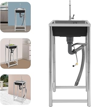 Stainless Steel Utility Sink with Faucet Commercial Single Bowl Freestanding Sink for Laundry/Garage, Heavy-Duty Indoor & Outdoor Use (17.7x16 Inch)
