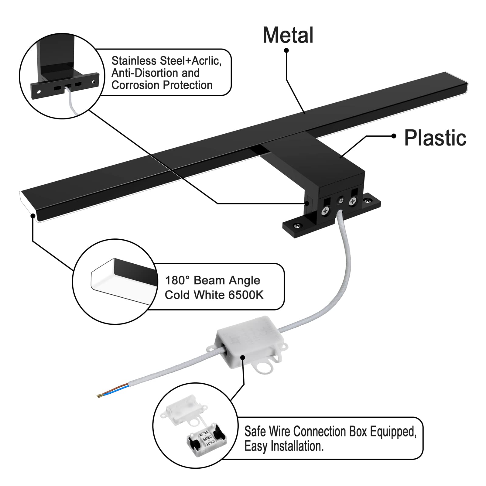 Lampe pour Miroir LED Salle de Bains 10W 820LM,40cm Applique Lampe Miroir Blanc Froid 6500K,3 en 1 230V Led Salle de Bain Lumiere IP44,Noir
