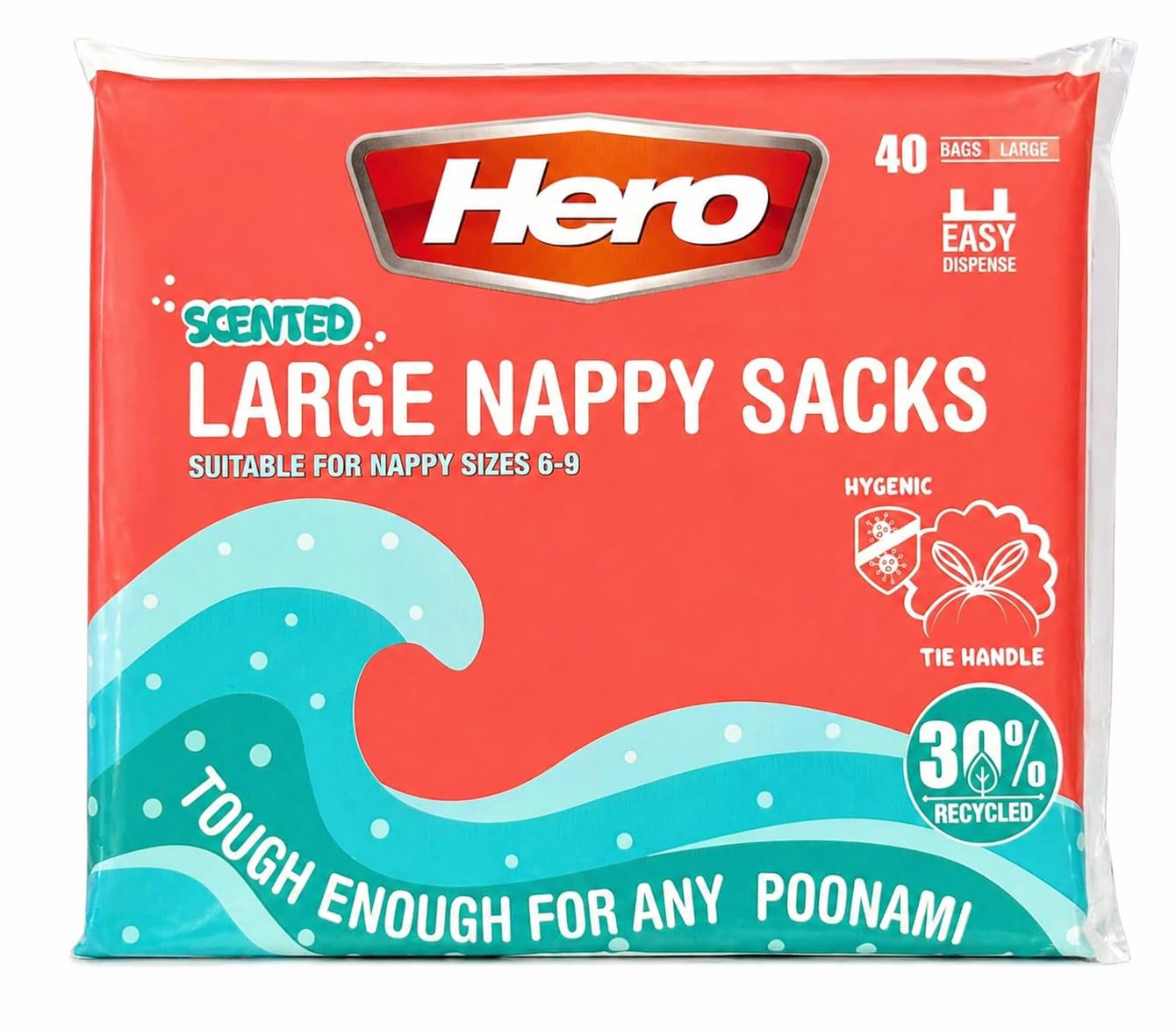 HERO Large Scented Nappy Sacks – Pack of 40 | Adult Nappy Disposal Bags | Large Dog Waste Bags | Incontinence Waste Bags with Tie Handles | Fresh Scent, Hygienic & Recycled Plastic