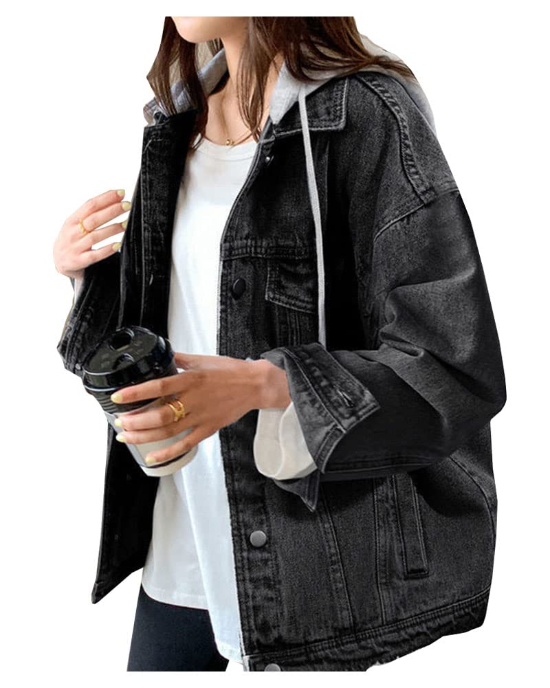 LifeShe Women's denim jacket with hood oversized distressed jean jackets hoodie