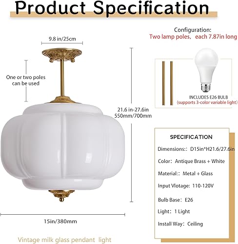 Miniatura 4 de Lámpara de techo de cristal de leche blanca, lámpara colgante de calabaza vintage de 15 pulgadas con accesorio de latón antiguo, lámpara colgante