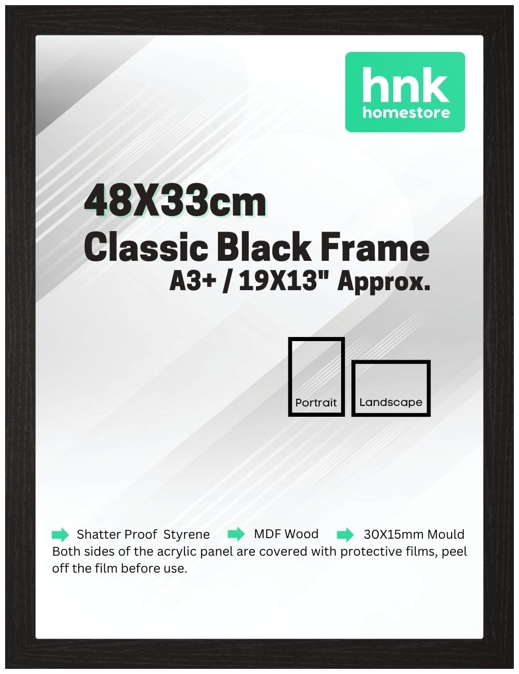 Hnk Homestore Black Hnk Classic Picture Poster Frame, 48X33cm Frame, Wood Finish, Portrait, Landscape Display Rectangle 19X13", A3+ Frame ( Picture Frame)