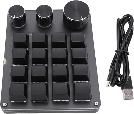 Macro Pad, 16 Key Programmable Keypad with 3 Custom Knobs & 3 Layers, Compact Wired Mechanical Keyboard (Black)