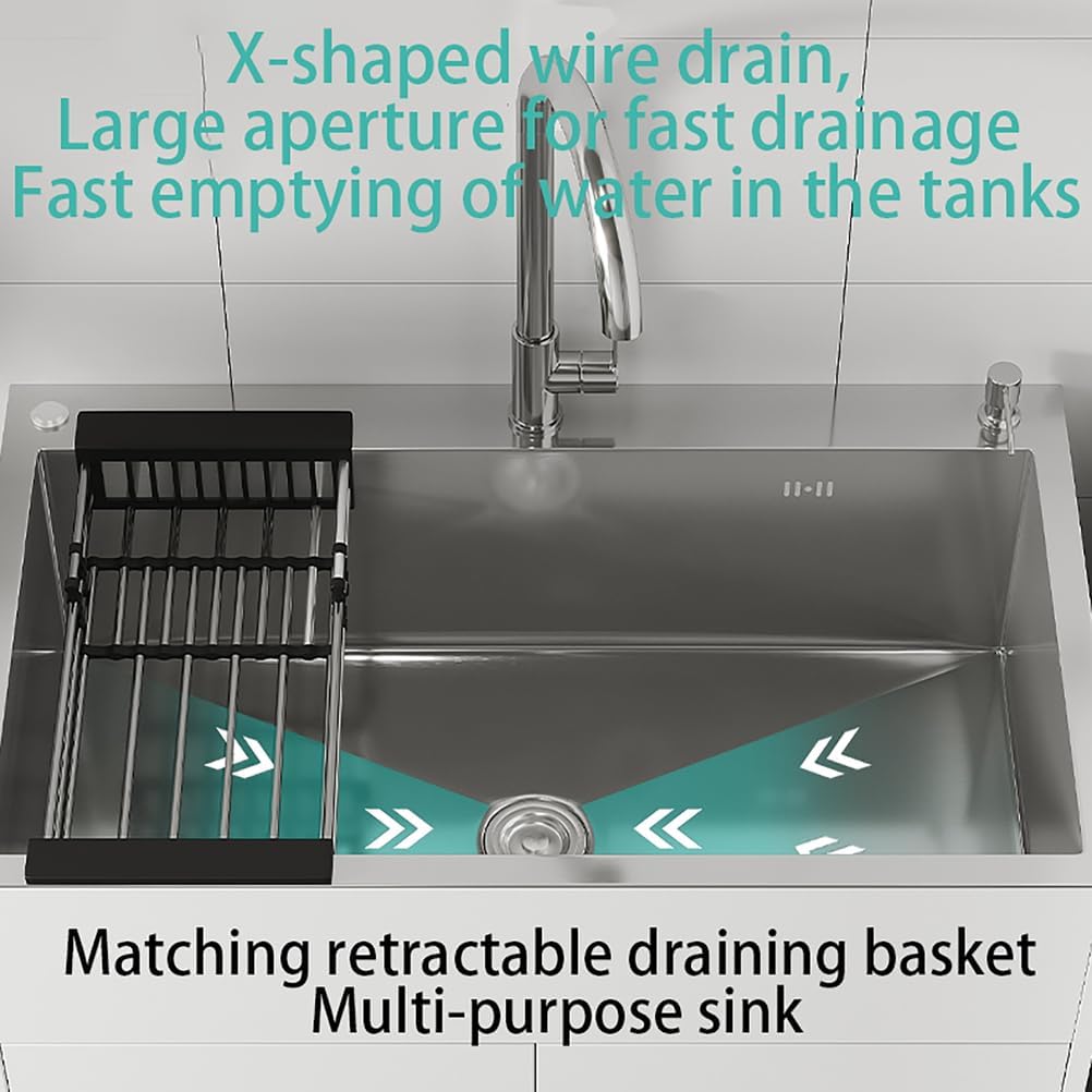 19.6-29.5In Stainless Steel Laundry Sink,Utility Sink Free Standing Single Bowl Kitchen Sink,with Cabinet,with Hot And Cold Water Faucet,Ideal for Bathroom,Garageand Outdoor,White,50*40*79cm