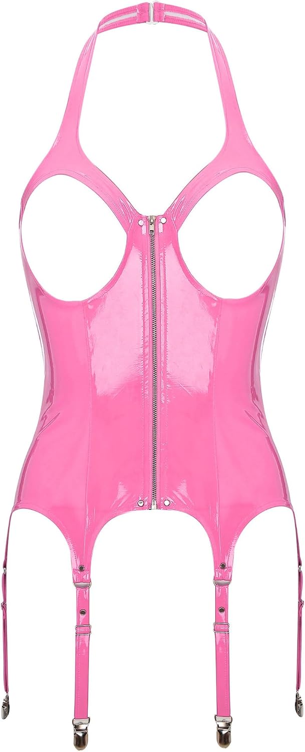 Jugaoge Womens Sexy Lingerie Stripper Outfits Pu Leather Halter Hollow Out Tops Clubwear for Party Hot Pink Small