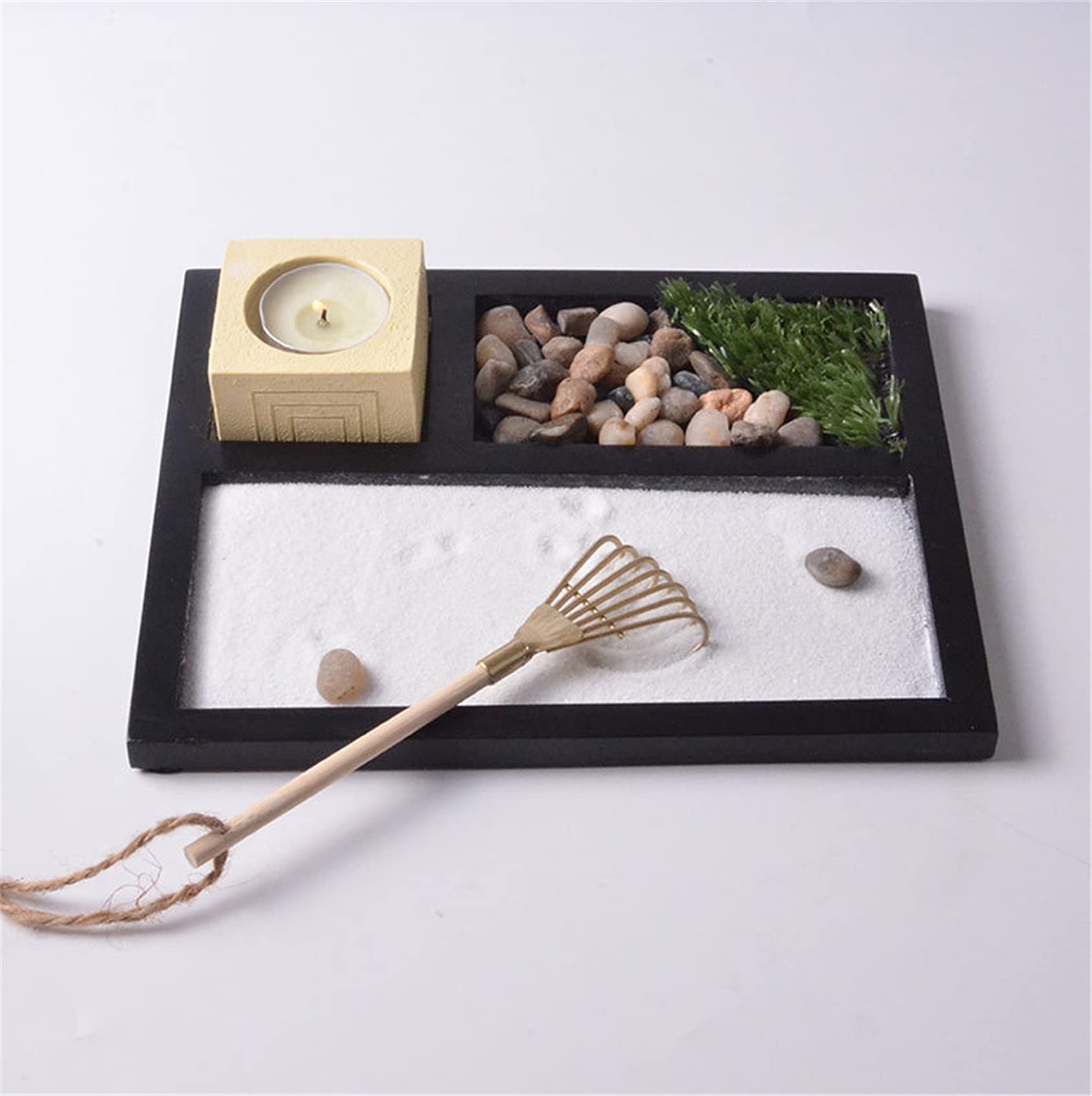 FantasyDay Mini Japanese Desktop Zen Garden, The Candle and Moss,Table Décor Kit with Accessories, Chakra Stones, for Kids, Adults, Sandbox Gift Set with Natural Sand, Wooden Tray, Lid, Rakes, Rocks