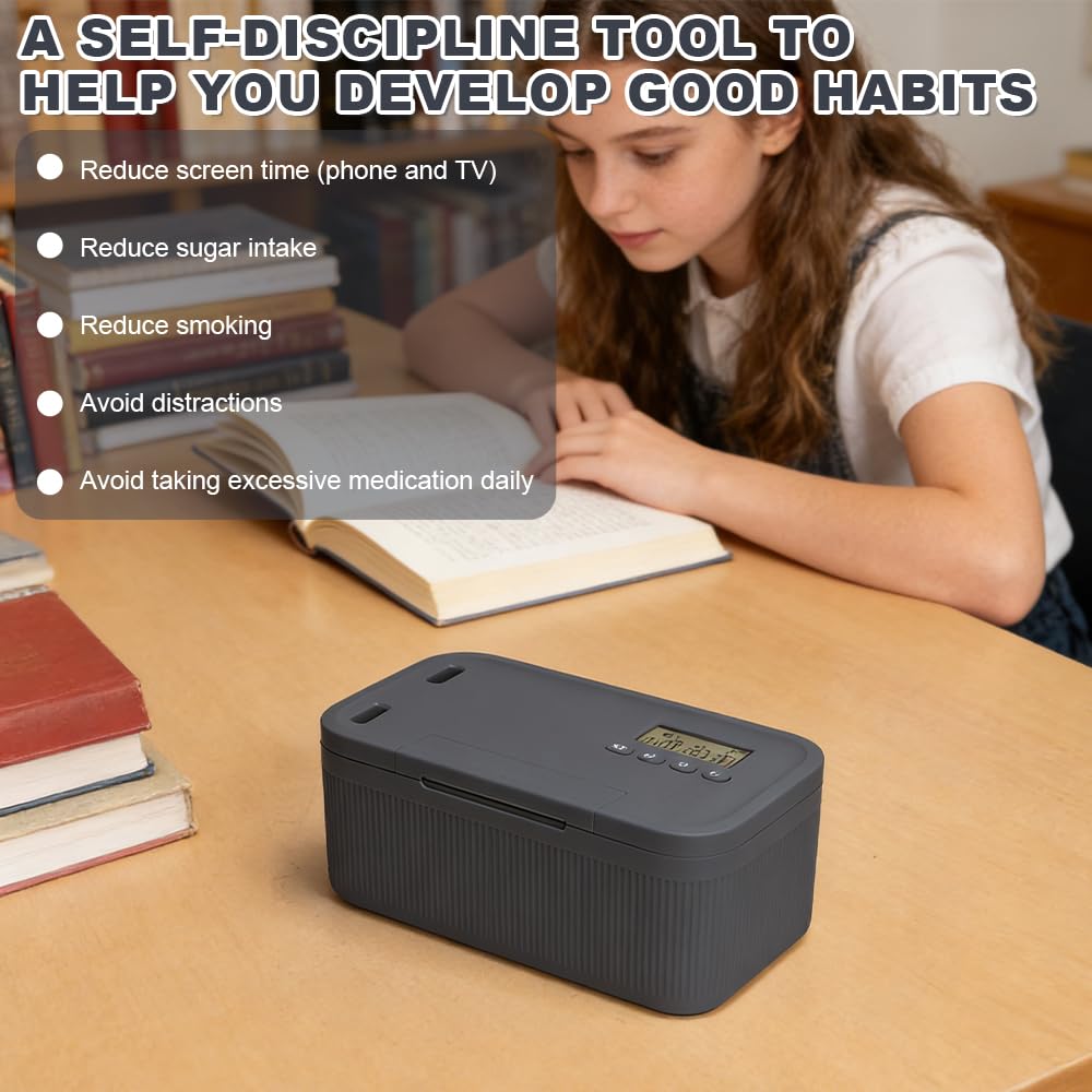 Coffre-fort Sécurisé avec Minuterie, Boîte de Rangement Verrouillable avec Minuteur, Boîte de Verrouillage pour Téléphone Portable avec Minuterie pour Cuisine, Maison, Réfrigérateur, Voyage