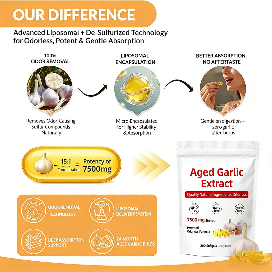 Aged Garlic Extract,300 Count 7500mg Odorless Organic Garlic Capsules for Heart & Immune Antioxidant Supplements, All-Natural, Non-GMO,Gluten-Free,2-Year Matured for Antioxidant Wellness — view 4