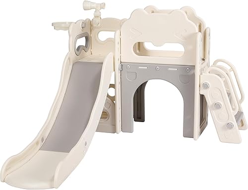 Miniatura 8 de Arlopu Juego de toboganes 8 en 1 para niños, tobogán de bebé para interiores y exteriores con aro de baloncesto, telescopio y espacio de