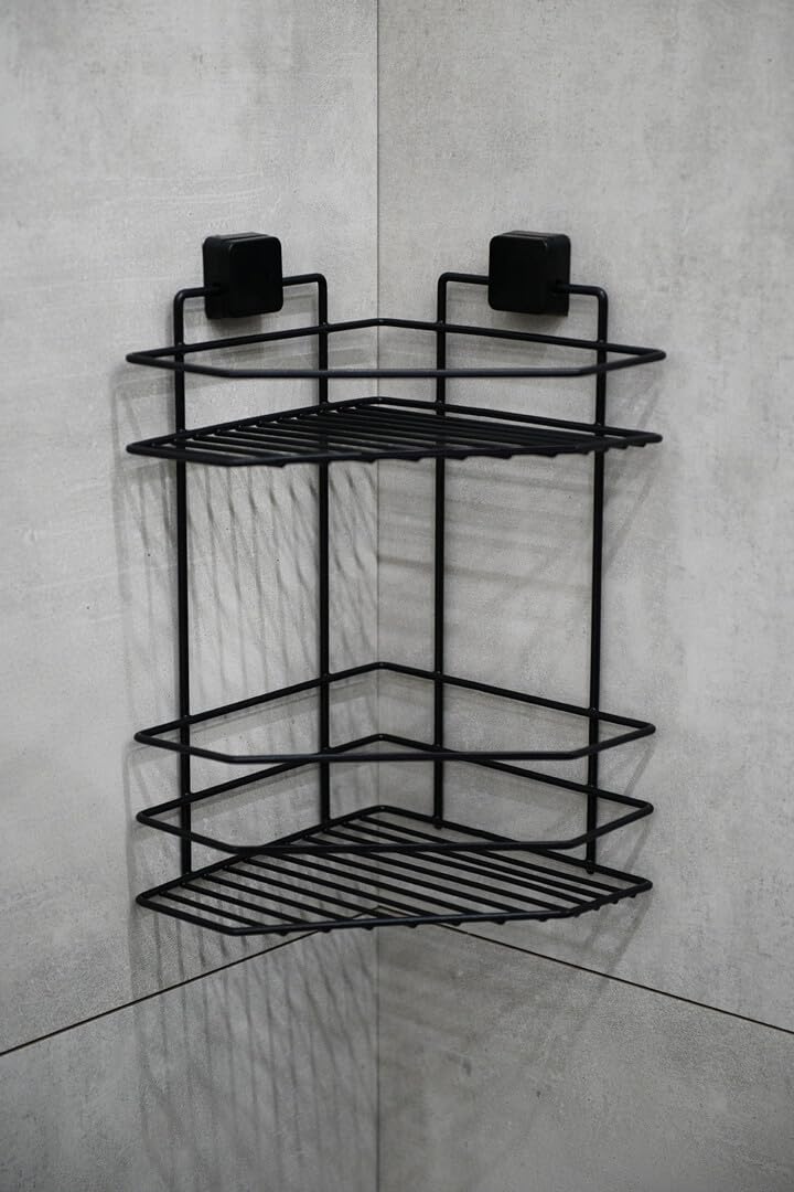 TheOwnas 2-Tier Corner Shower Shelf – Wall Mounted Caddy Stand with Adhesive Fixing – No Drilling, Rust-Resistant Black Metal Bathroom Organiser – Space-Saving Storage for Shower & Bathroom.