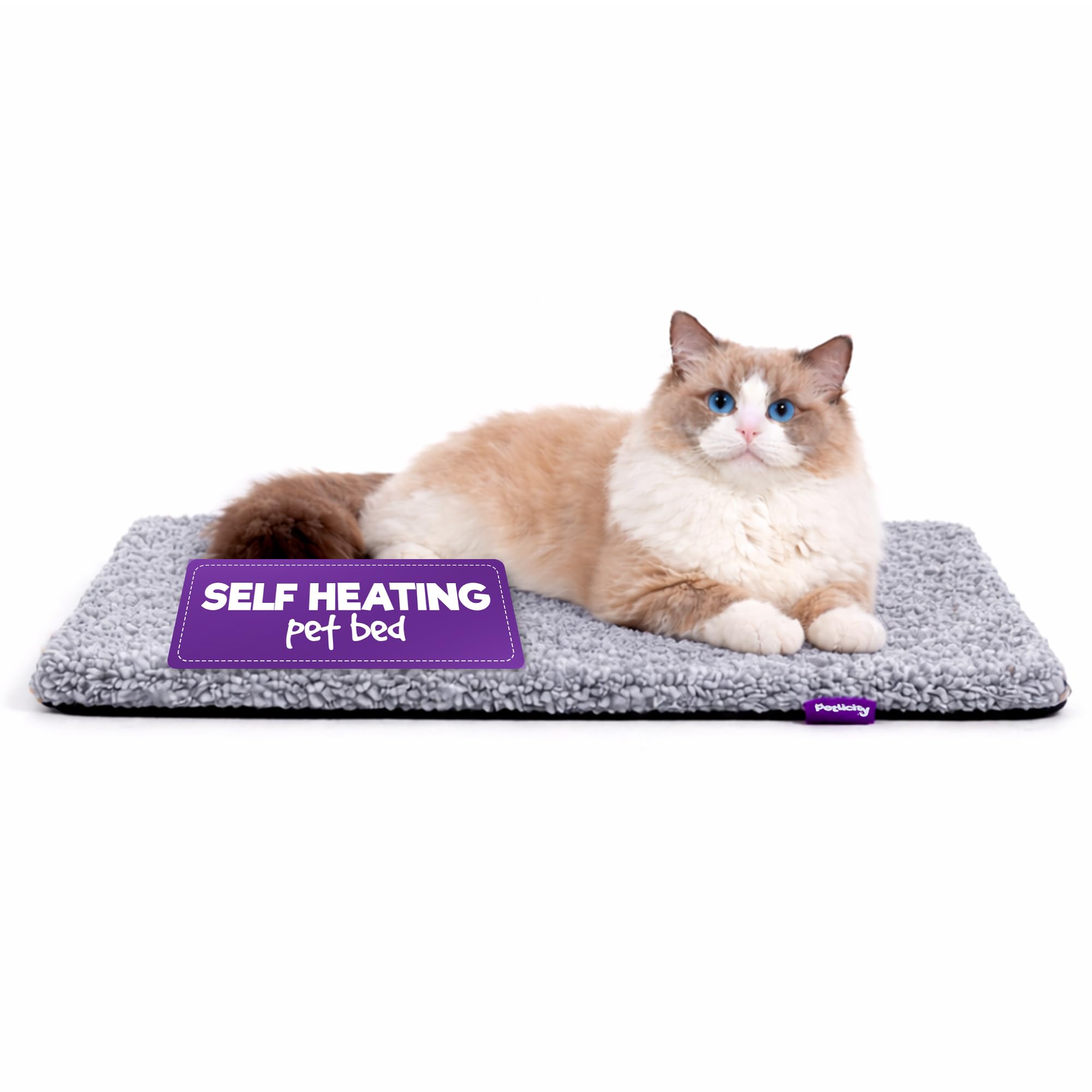 Petlicity Self Heating Cat Bed, 60x45cm – No Electricity Required Heated Cat Bed with Noiseless Thermal Film - Machine Washable, Non-Slip Base Cat Heating Pad for Winter - Two-Toned Grey