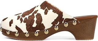 KISSASA Studded Clogs for Women Platform Low Chunky Heels Mules Slip on Closed Round Toe Mules Dressy Fall Brown Suede