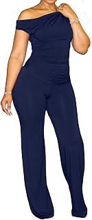 2 Piece Club Outfits for Women Clubwear Sexy Off Shoulder Ruched Crop Tops Bodycon Wide Leg Pant Sets Pantsuits