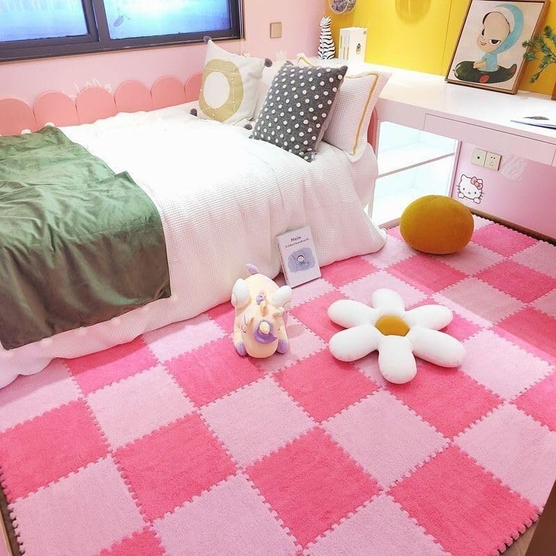 7UIYgtyO LNNNW Plush Piezas Alfombra Puzzle Alfombra de Rompecabezas entrelazada for Dormitorio, Sala de Estar, Gimnasio, Etc., Alfombra pequeña de Felpa, cortable, 16 Uds.(Pink+Rose Red)