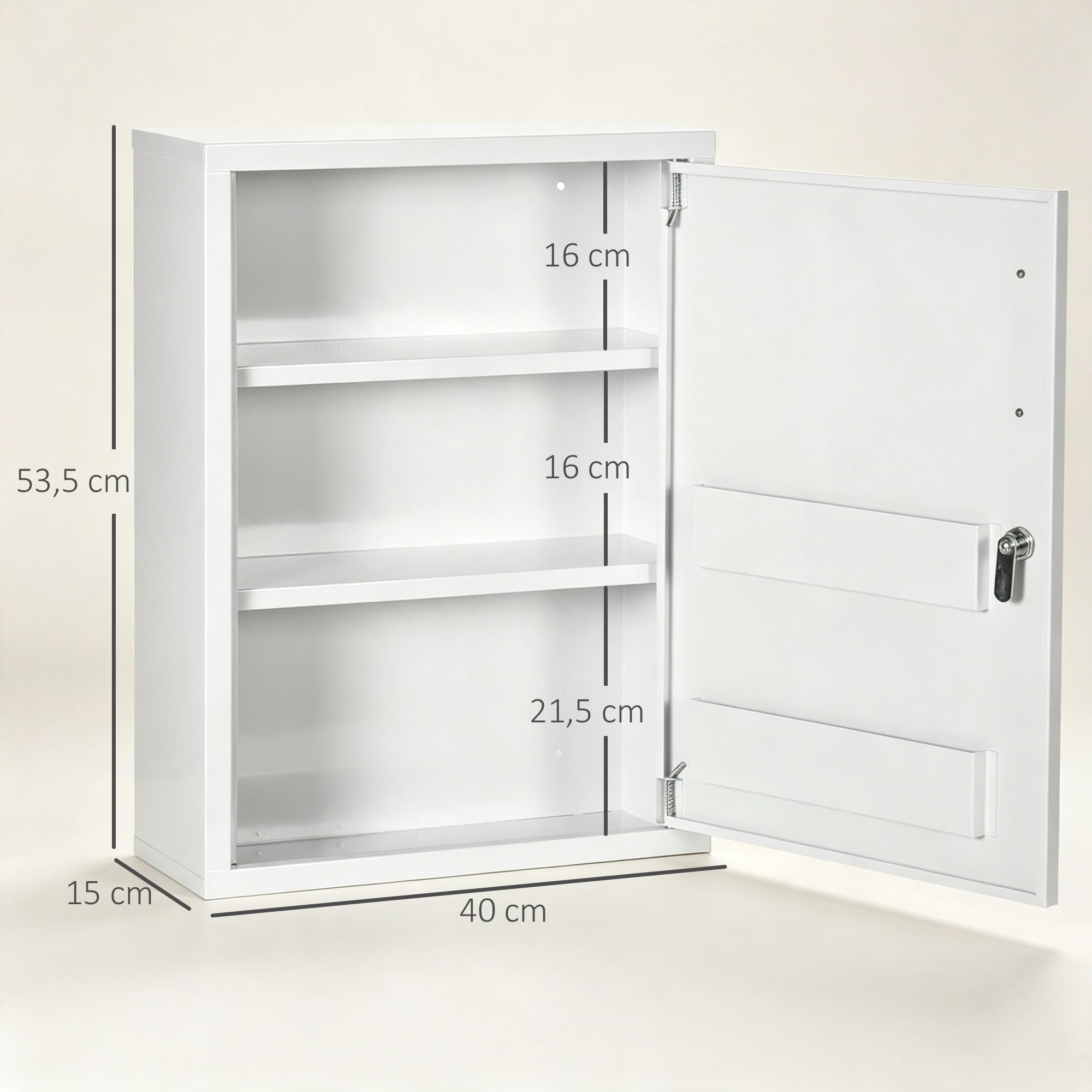 kleankin Szafka na leki Ścienna szafka na leki 2 półki 3 poziomy z zamykanymi drzwiami, 2 klucze, stal 40 x 15 x 53,5 cm Biała