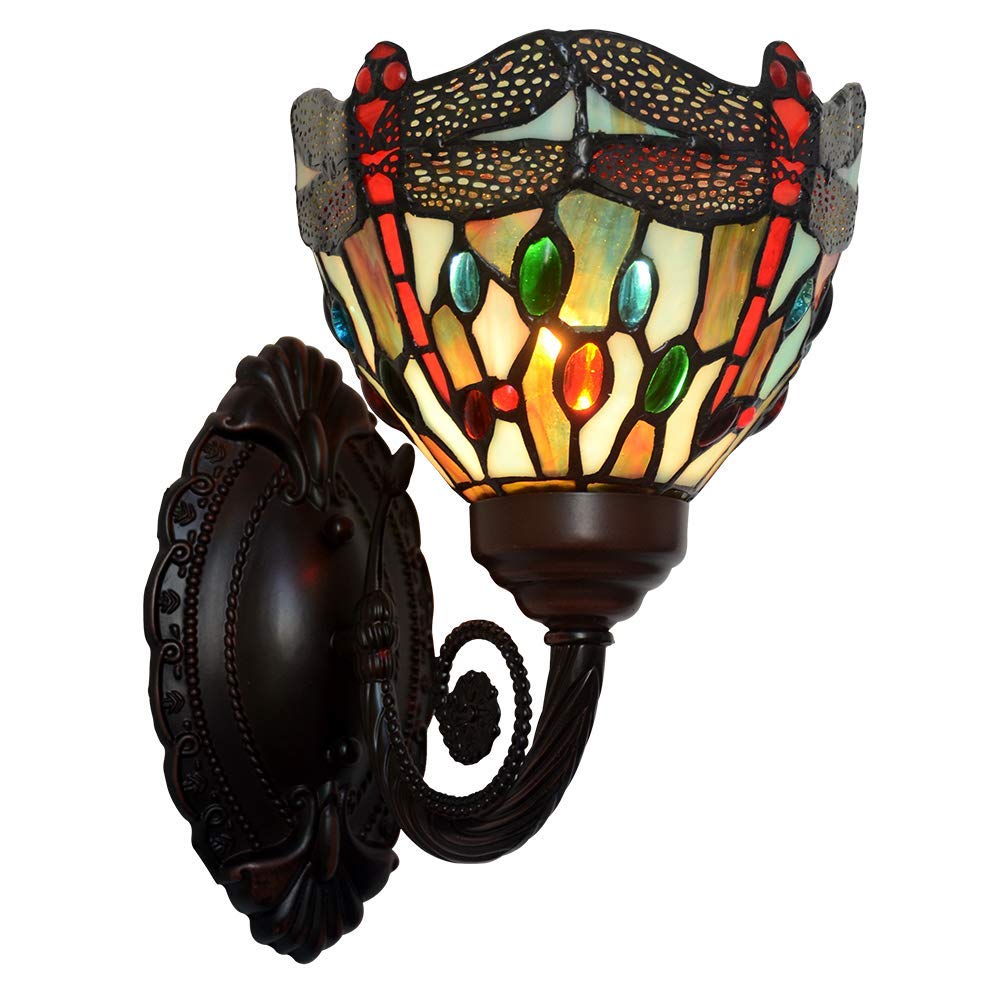 Wdcdyqdh -Tiffany Wall Lamp Brand Promotion Stained Glass Dragonfly Lampshade Alloy Base Study Bedroom Office Bar Desk Decoration Nig Lig