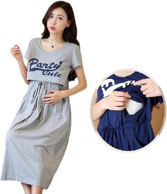 Amazon Co Jp ミウォルナ マタニティ ワンピース 授乳服 授乳口 ロング マキシ 丈 半袖 ウエスト調整 グレー L 服 ファッション小物
